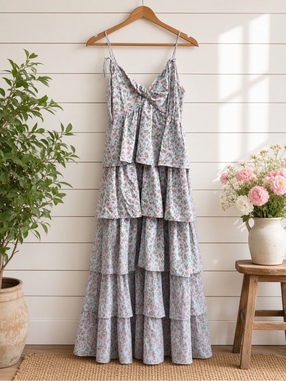 Blue Dress with Pink Floral Ruffle Tiered Dress Spaghetti Strap
